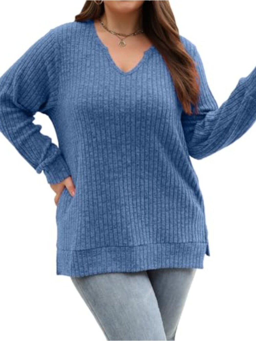 Women's Plus Size V-Neck Lightweight Knit Tunic Sweater Long Sleeve Loose Fit